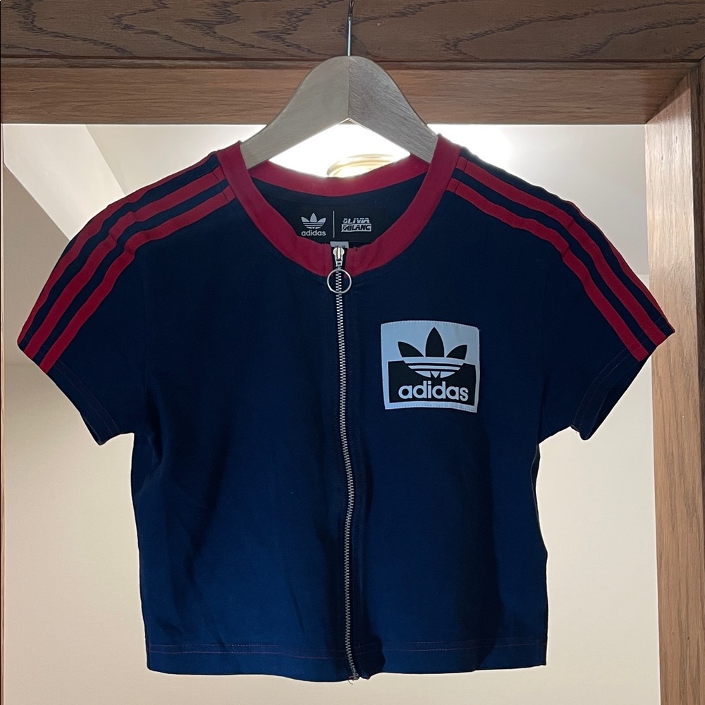 Adidas Navy and Red Short Sleeve Zip-Up Tee